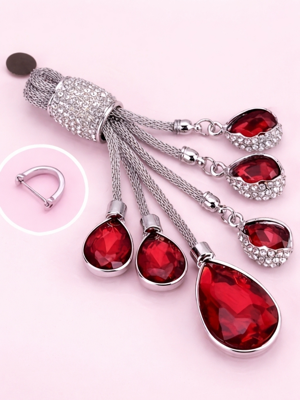 Ruby Red Teardrop Crystal and Rhinestone Keychain